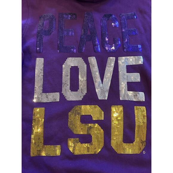 Women's LSU Tigers Sequin Peace Love LSU Hoodie Sweatshirt Size Med. Purple/Gold - Picture 10 of 13